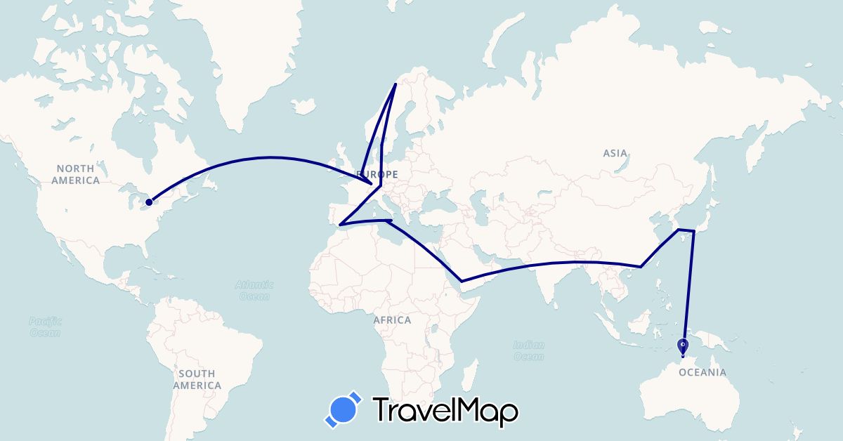 TravelMap itinerary: driving in Australia, Belgium, Canada, Germany, Spain, France, United Kingdom, Hong Kong, Italy, Japan, South Korea, Norway, Sweden, Yemen (Asia, Europe, North America, Oceania)